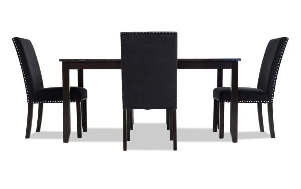 Riviera 5 Piece Black Upholstered Dining Set with faux marble top, black velvet fabric chairs, nailhead trim, contemporary Riviera Dining style