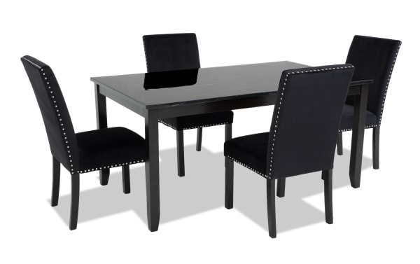 Riviera 5 Piece Black Upholstered Dining Set with faux marble top, black velvet fabric chairs, nailhead trim, contemporary style, MDF and rubberwood materials.