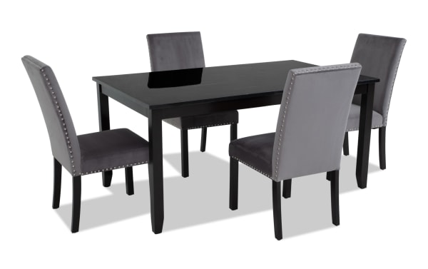 Riviera 5 Piece Black & Gray Upholstered Dining Set with faux marble top, gray velvet nailhead chairs, contemporary style, MDF and rubberwood materials.