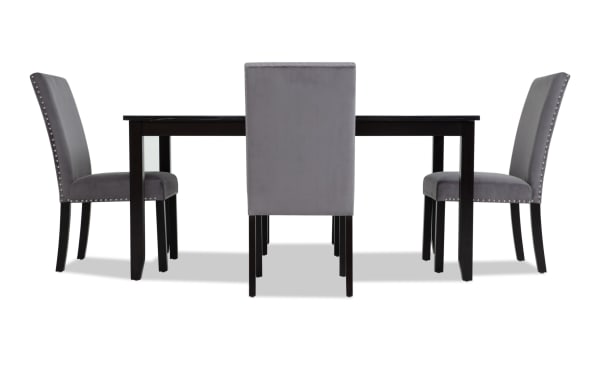 Riviera 5 Piece Black & Gray Upholstered Dining Set with faux marble top, gray velvet nailhead chairs, contemporary style, MDF and rubberwood materials.