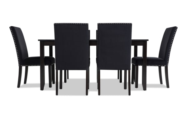 Riviera 7 Piece Black Upholstered Dining Set with faux marble top, velvet fabric chairs with nailhead trim, contemporary Riviera Dining collection