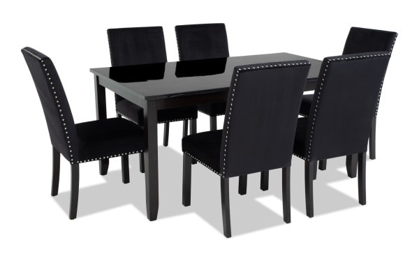 Riviera 7 Piece Black Upholstered Dining Set with faux marble top, velvet fabric chairs with nailhead trim, contemporary Riviera Dining style