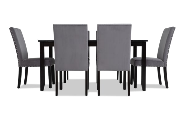 Riviera 7 Piece Black & Gray Upholstered Dining Set with velvet gray fabric chairs, nailhead trim, and black faux-marble top table in contemporary style