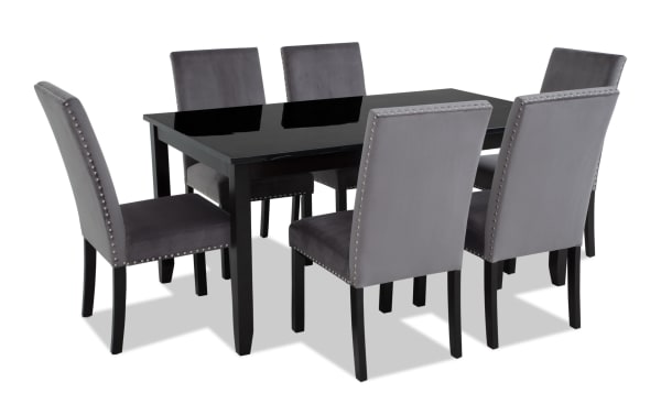 Riviera 7 Piece Black & Gray Upholstered Dining Set with faux marble top, gray velvet fabric chairs, nailhead trim, contemporary style
