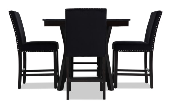 Riviera 5 Piece Black Upholstered Counter Height Dining Set with faux marble top, velvet fabric chairs, nailhead trim, contemporary style
