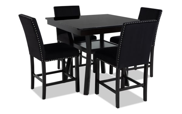 Riviera 5 Piece Black Upholstered Counter Height Dining Set with faux marble MDF table, velvet nailhead chairs, rubberwood frame, contemporary style