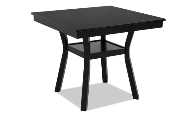 Contemporary Riviera 5 Piece Black Dining Set with faux marble top, black MDF and rubberwood frame, and velvet upholstered counter-height chairs.
