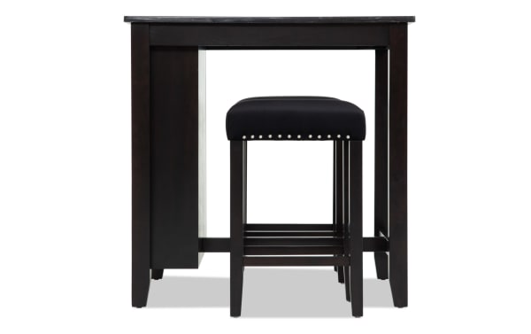 Riviera 3 Piece Black Upholstered Counter Height Kitchen Island Set with faux marble top, velvet nailhead stools, MDF and rubberwood solids, contemporary style.