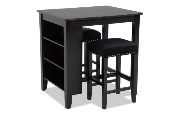 Riviera 3 Piece Black Upholstered Counter Height Kitchen Island Set with faux marble top, velvet nailhead stools, MDF and rubberwood, contemporary style