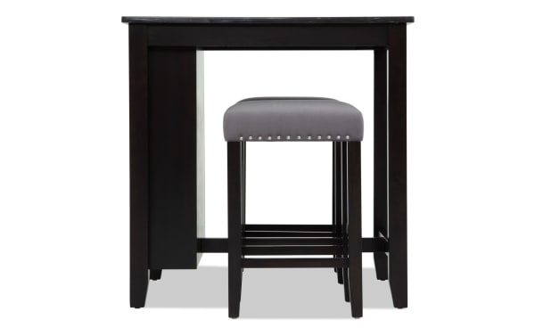 Riviera 3 Piece Black & Gray Upholstered Counter Height Kitchen Island Set with faux marble top, gray velvet nailhead stools, contemporary style
