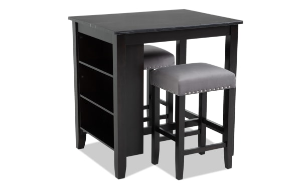 Riviera 3 Piece Black & Gray Upholstered Counter Height Kitchen Island Set with faux marble top, gray velvet nailhead stools, MDF and rubberwood frame, contemporary style