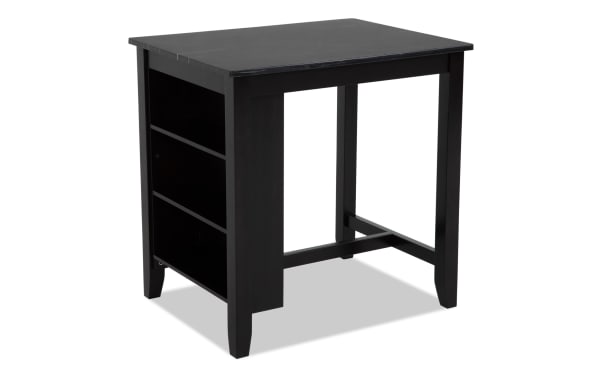 Contemporary black wooden side table with open shelving, part of Riviera Dining collection, featuring MDF and rubberwood construction.