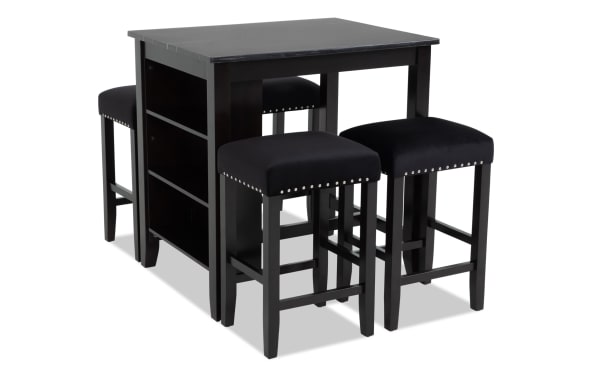 Riviera 5 Piece Black Upholstered Counter Height Kitchen Island Set with faux marble top, black velvet nailhead stools, MDF and rubberwood solids, contemporary style.