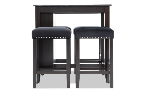 Riviera 5 Piece Black Upholstered Counter Height Kitchen Island Set with faux marble top, velvet nailhead stools, MDF, birch veneer, and rubberwood solids.
