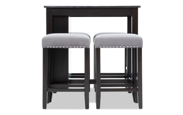 Riviera 5 Piece Black & Gray Upholstered Counter Height Kitchen Island Set with faux marble top, gray velvet nailhead stools, contemporary style