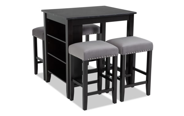 Riviera 5 Piece Black & Gray Upholstered Counter Height Kitchen Island Set with faux marble top, gray velvet nailhead stools, MDF and rubberwood frame, contemporary style.