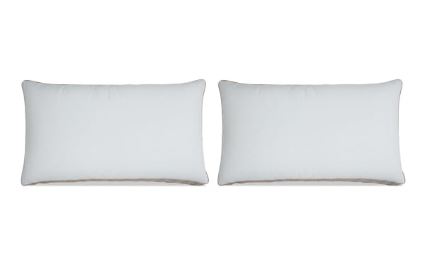Set of 2 Crescent & Cloud™ Adjustable King Pillows with white soft-touch covers, down alternative fill, and memory foam inserts for customizable support.