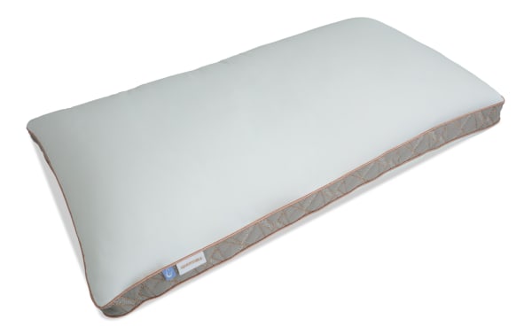 Adjustable King Pillow from Crescent & Cloud™ with soft white cover, gray patterned sides, and peach trim, featuring airflow memory foam inserts for personalized support.