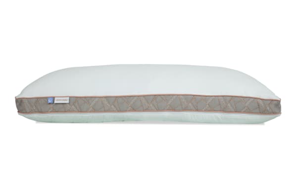 My Crescent & Cloud™ Adjustable King Pillow in white with gray quilted side panel and orange piping, featuring down alternative fibers and memory foam inserts for customizable support and plush comfort.