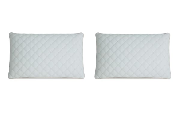 Dual Comfort Queen Pillows set of 2 with quilted white cooling covers, featuring dual-sided Bob-O-Pedic memory foam for plush or firm support.