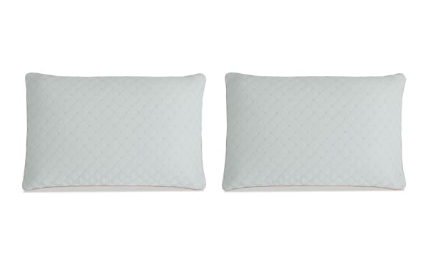 Set of 2 Essential Queen Pillows by Bob-O-Pedic with quilted cooling cover, light gray fabric, down alternative and shredded memory foam blend for plush support.