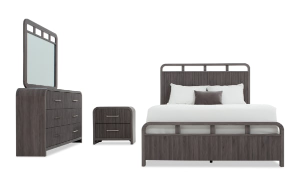 Cascade 4 Piece Full Gray Panel Bedroom Set in transitional style with MDF engineered wood grain, featuring reeded panels, rounded corners, USB/USB-C ports, and felt-lined drawers.