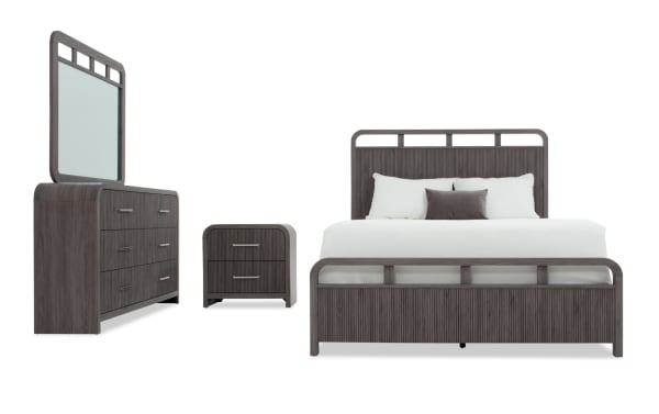 Cascade 4 Piece King Gray Panel Bedroom Set with transitional style, MDF and engineered wood grain, featuring reeded paneling, rounded corners, felt-lined drawers, and built-in USB/USB-C ports.