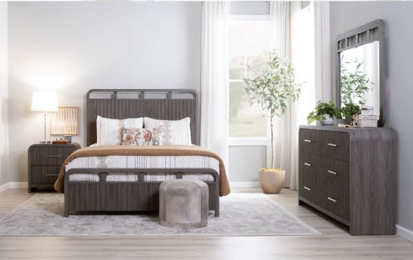 Cascade 4 Piece King Gray Panel Bedroom Set in transitional style with MDF engineered wood grain, featuring reeded paneling, smoothed corners, felt-lined drawers, and built-in USB/USB-C charging ports.
