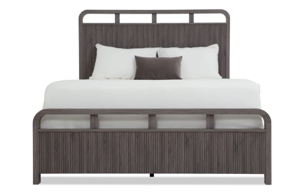Cascade 4 Piece King Gray Panel Bedroom Set in transitional style with gray engineered wood grain MDF, featuring reeded paneling and smooth rounded corners.