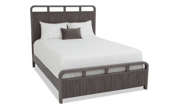 Cascade 4 Piece King Gray Panel Bedroom Set featuring transitional style, gray engineered wood grain MDF, reeded panel design, and smooth rounded corners.