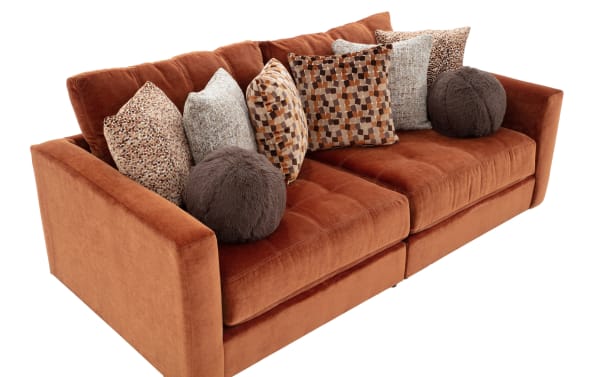 Jewels Spice 92'' 2 Piece Modular Loveseat in orange polyester fabric with plush gel memory foam cushions, glam style, and patterned accent pillows.