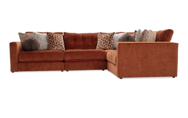 Jewels Spice 92" 4-piece modular sectional in orange polyester fabric, glam style with Bob-O-Pedic Gel Memory Foam cushions and accent pillows.