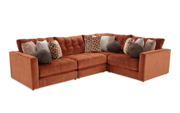 Jewels Spice 92'' 4-piece modular sectional in orange polyester fabric with gel memory foam cushions, glam style, includes armless, corner, left and right arm chairs with accent pillows.