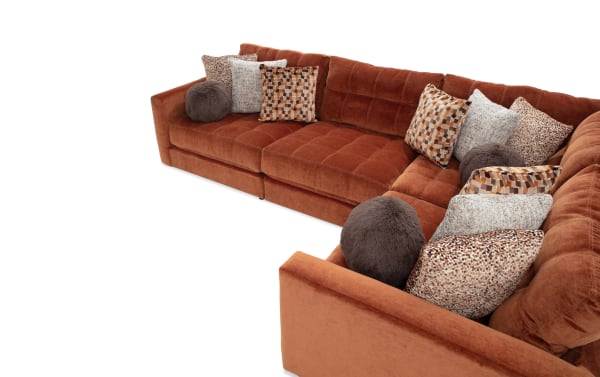 Jewels Spice 92'' 4-piece modular sectional in orange polyester fabric with Bob-O-Pedic gel memory foam, glam style, and patterned accent pillows.