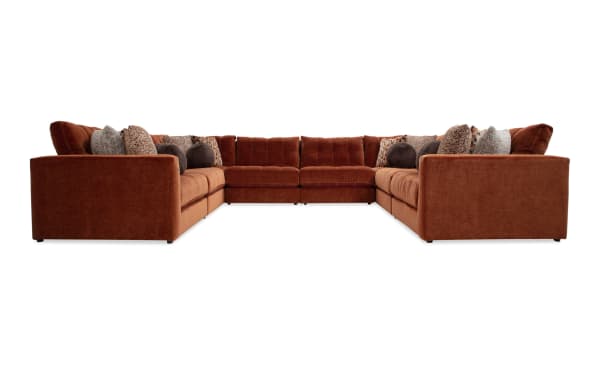 Jewels Spice 170'' 8-piece modular sectional in orange polyester fabric with gel memory foam cushions, glam style, includes accent pillows.