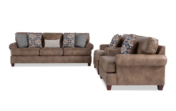 Raleigh Cognac 103'' traditional sofa and 2 chairs set in brown polyester fabric with faux leather look, plush cushions, and patterned accent pillows.