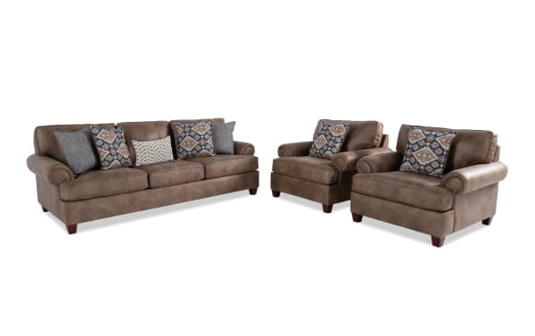 Raleigh Cognac 103'' traditional sofa and 2 chairs set in brown faux leather polyester fabric with patterned accent pillows and memory foam cushions.