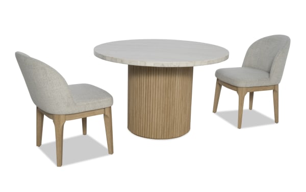 Delaney 3 Piece Natural & White Marble Dining Set with round marble tabletop, light gray polyester upholstered chairs with memory foam, and natural rubberwood base in contemporary style.