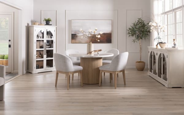 Delaney 3 Piece Natural & White Marble Upholstered Round Dining Room Set in light gray fabric with genuine marble tabletop, rubberwood base, and contemporary style.