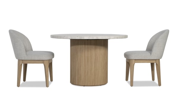 Delaney 3 Piece Natural & White Marble Upholstered Round Dining Room Set with light gray polyester fabric chairs, rubberwood base, and genuine marble tabletop.