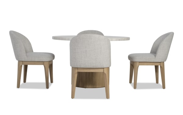 Delaney 5 Piece Natural & White Marble Upholstered Round Dining Set with light gray polyester fabric chairs, rubberwood legs, and marble tabletop in contemporary style.