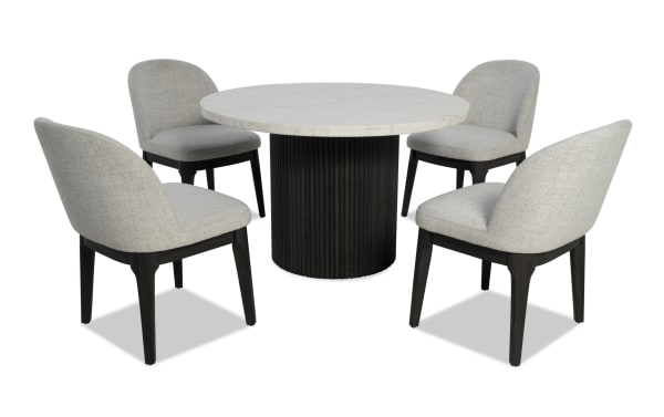 Delaney 5 Piece Black & White Marble Dining Set with round genuine marble top, light gray polyester-upholstered chairs with memory foam, and black rubberwood base, contemporary style.