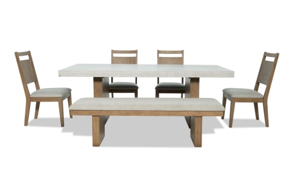Monterey 6 Piece Natural & Gray Panel Back Upholstered Dining Set with Bench, traditional style, gray polyester fabric, MDF and hardwood solids, faux concrete melamine tabletop, includes four memory foam chairs and cushioned bench.