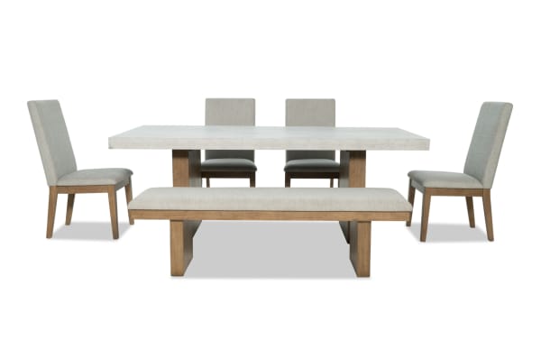 Monterey 6 Piece Natural & Gray Dining Set with faux concrete melamine table top, four gray fabric-upholstered memory foam chairs, and matching bench.