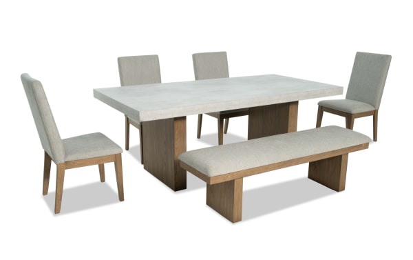 Monterey 6 Piece Natural & Gray Dining Set with faux concrete melamine table top, gray polyester fabric chairs, and matching bench. Traditional style.