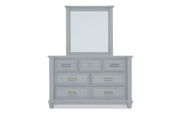 Sunset Cove Youth Gray 7 Drawer Dresser & Beveled Mirror in coastal style, gray MDF with smooth-gliding drawers and felt-lined top drawer for kids.