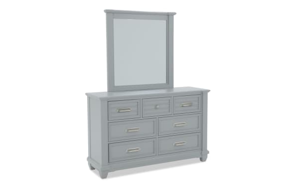 Sunset Cove Youth Gray 7 Drawer Dresser & Mirror in coastal style, MDF construction, gray finish, beveled mirror, and felt-lined top drawer.