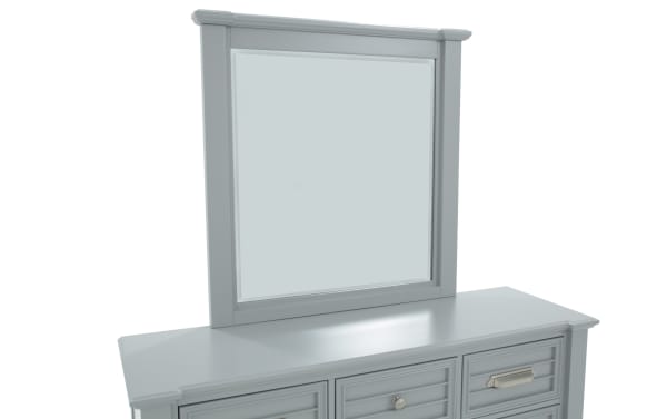 Sunset Cove Youth Gray 7 Drawer Dresser & Beveled Mirror in coastal style, gray MDF with smooth-glide drawers and felt-lined top drawer.
