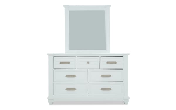 Sunset Cove Youth White 7 Drawer Dresser & Beveled Mirror in coastal style, MDF construction, smooth-glide drawers, felt-lined top drawer for kids' rooms.