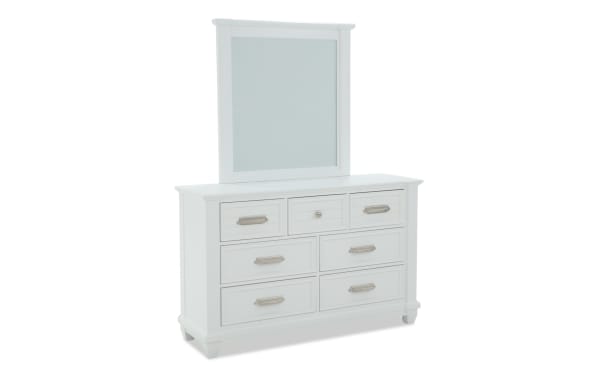 Sunset Cove Youth White 7 Drawer Dresser & Beveled Mirror in coastal style, MDF construction, smooth-glide drawers, felt-lined top drawer.